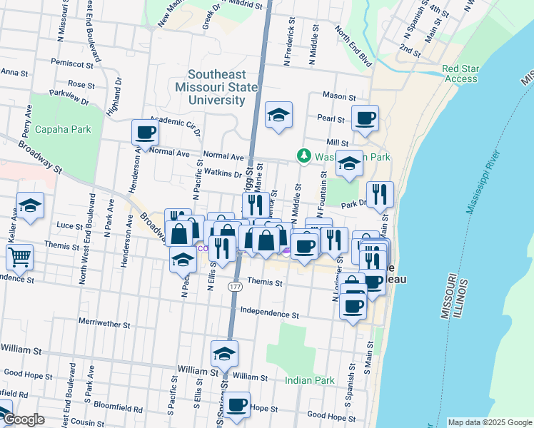map of restaurants, bars, coffee shops, grocery stores, and more near 521 Bellevue Street in Cape Girardeau