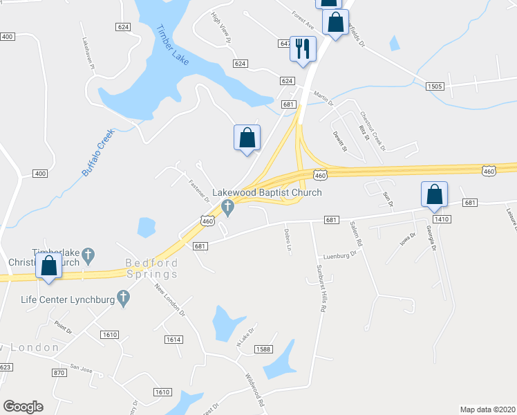map of restaurants, bars, coffee shops, grocery stores, and more near 138 Center Drive in Evington