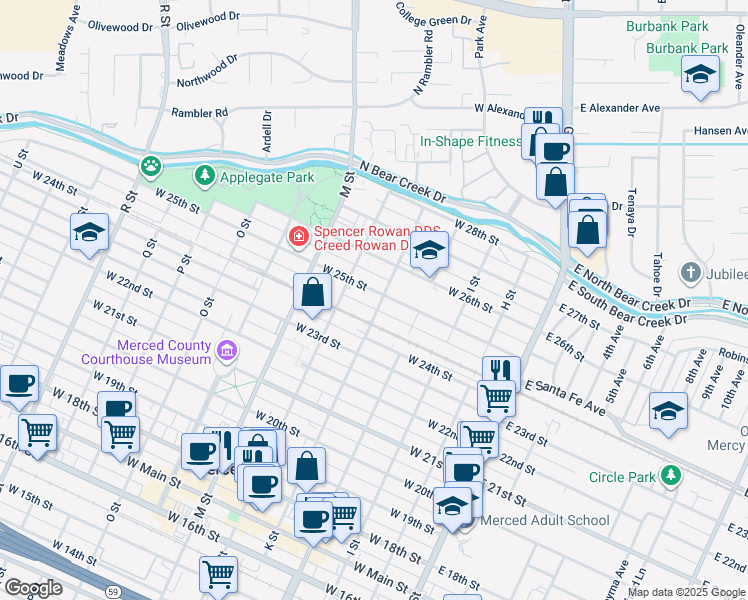 map of restaurants, bars, coffee shops, grocery stores, and more near 408 West 25th Street in Merced