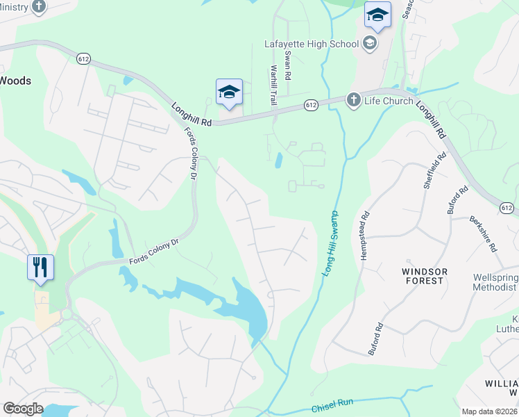map of restaurants, bars, coffee shops, grocery stores, and more near 1 Brooke Court in Williamsburg