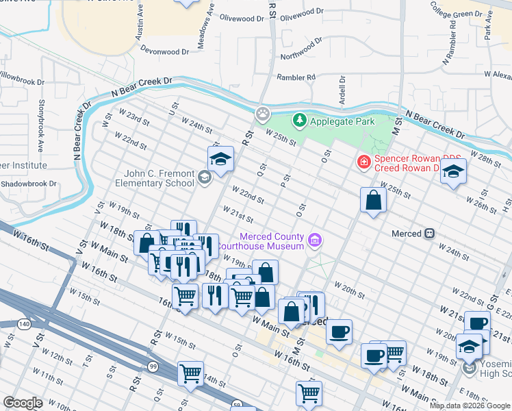 map of restaurants, bars, coffee shops, grocery stores, and more near 921 West 21st Street in Merced