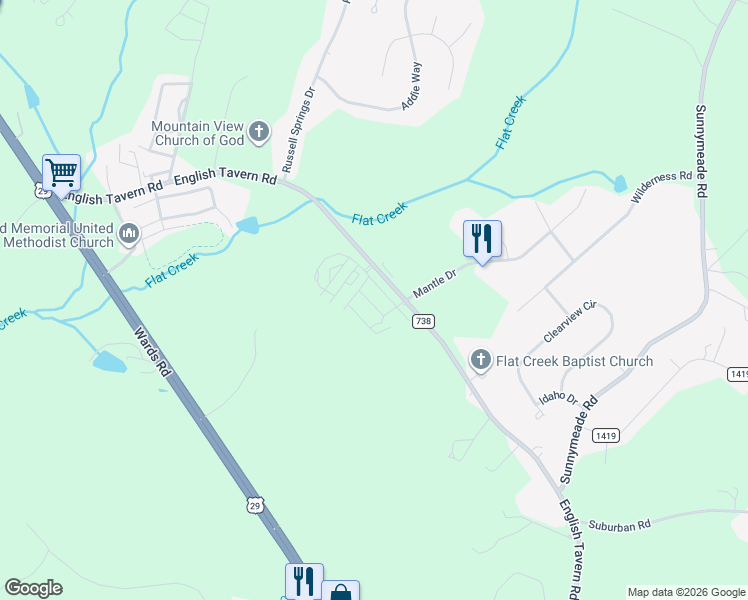 map of restaurants, bars, coffee shops, grocery stores, and more near 15 Jasper Circle in Lynchburg