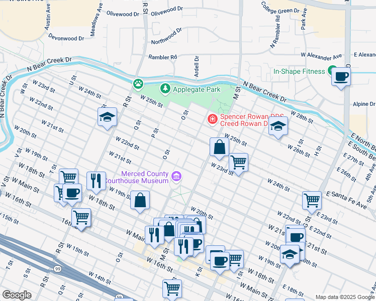 map of restaurants, bars, coffee shops, grocery stores, and more near 2260 N Street in Merced