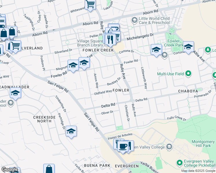 map of restaurants, bars, coffee shops, grocery stores, and more near 3034 Beckley Drive in San Jose
