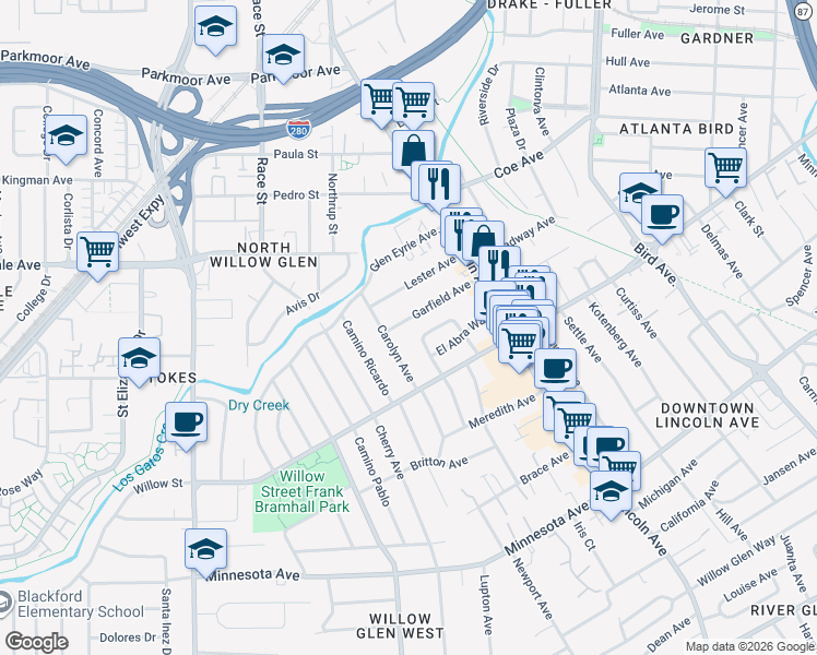 map of restaurants, bars, coffee shops, grocery stores, and more near 1169 Garfield Avenue in San Jose