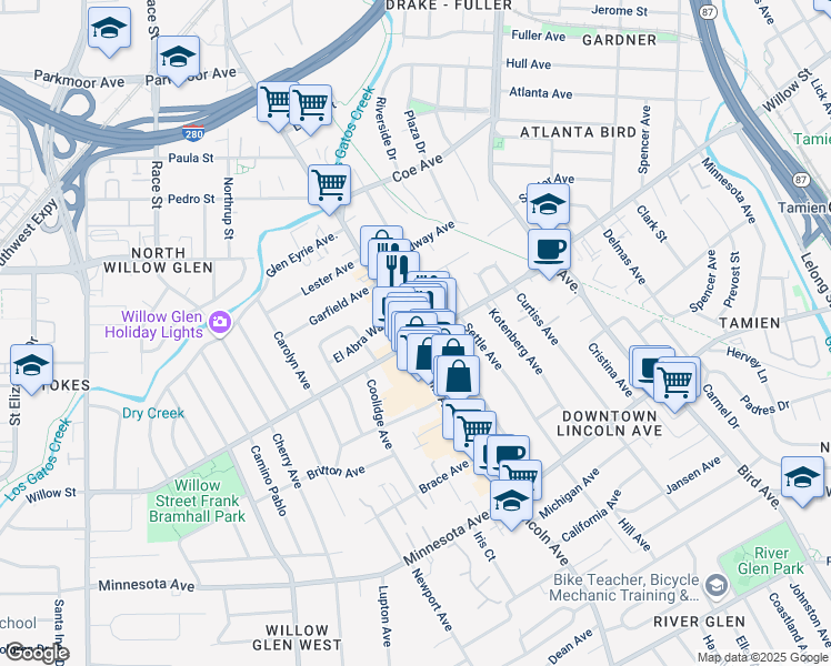 map of restaurants, bars, coffee shops, grocery stores, and more near in San Jose