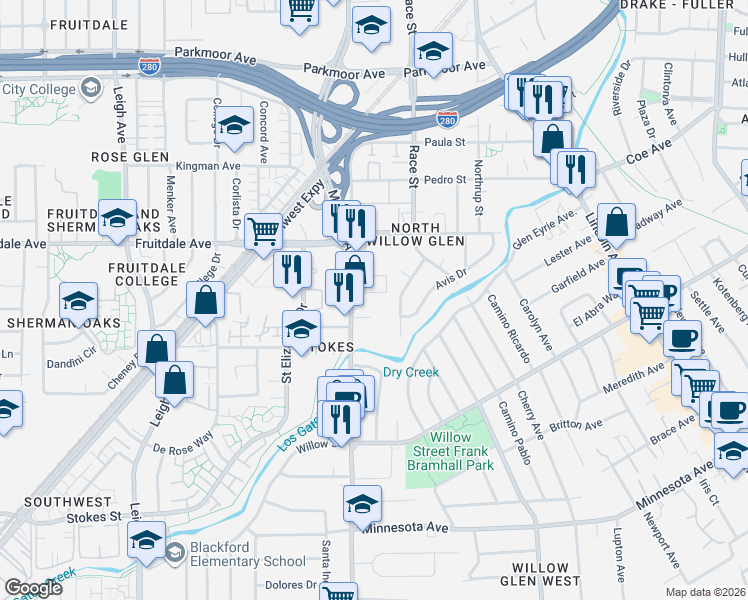 map of restaurants, bars, coffee shops, grocery stores, and more near 970 Meridian Avenue in San Jose