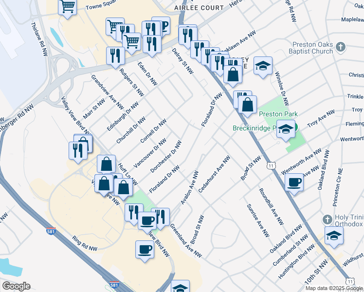 map of restaurants, bars, coffee shops, grocery stores, and more near 2633 Dorchester Drive Northwest in Roanoke