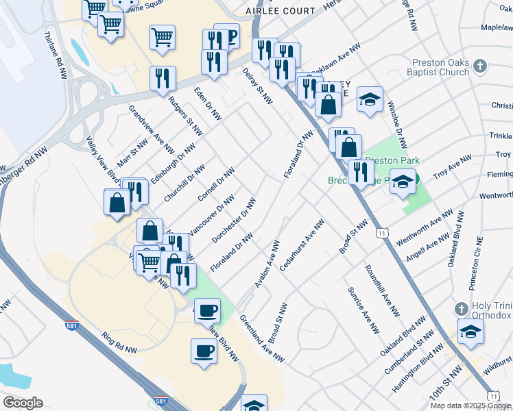 map of restaurants, bars, coffee shops, grocery stores, and more near 2633 Dorchester Drive Northwest in Roanoke