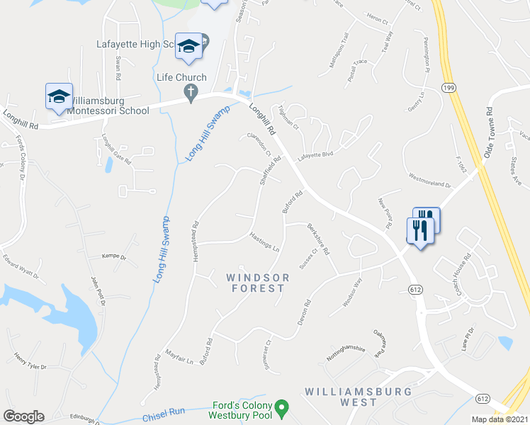map of restaurants, bars, coffee shops, grocery stores, and more near 109 Sheffield Road in Williamsburg