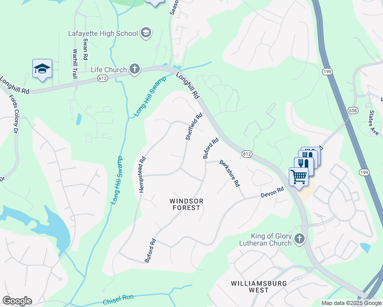 map of restaurants, bars, coffee shops, grocery stores, and more near 109 Sheffield Road in Williamsburg