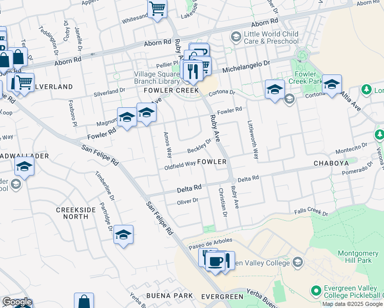 map of restaurants, bars, coffee shops, grocery stores, and more near 4091 Beebe Circle in San Jose