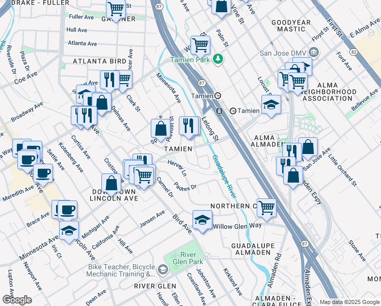 map of restaurants, bars, coffee shops, grocery stores, and more near 571 West Alma Avenue in San Jose