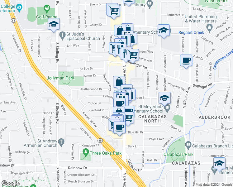 map of restaurants, bars, coffee shops, grocery stores, and more near 1024 Westlynn Way in Cupertino