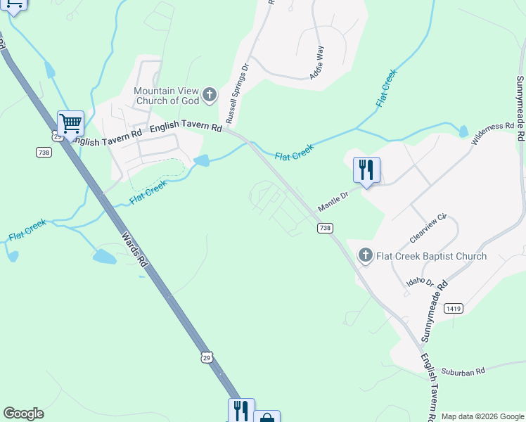 map of restaurants, bars, coffee shops, grocery stores, and more near 70 Rugby Lane in Lynchburg