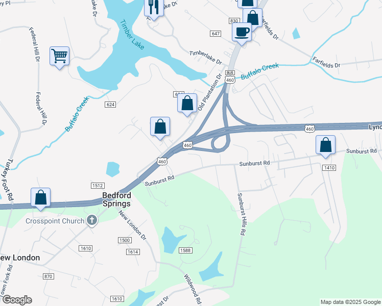 map of restaurants, bars, coffee shops, grocery stores, and more near Lynchburg Highway in Timberlake