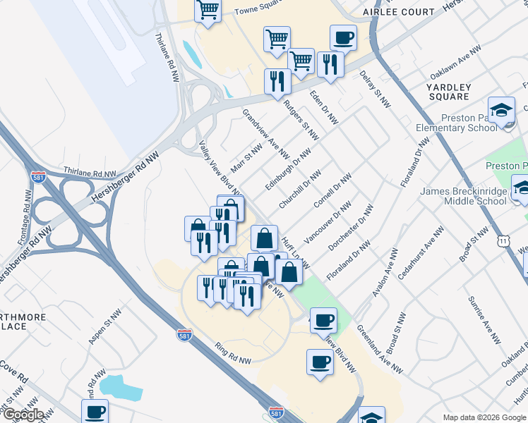 map of restaurants, bars, coffee shops, grocery stores, and more near 2417 Edinburgh Drive Northwest in Roanoke
