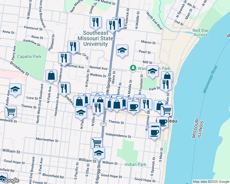map of restaurants, bars, coffee shops, grocery stores, and more near 631 North Street in Cape Girardeau