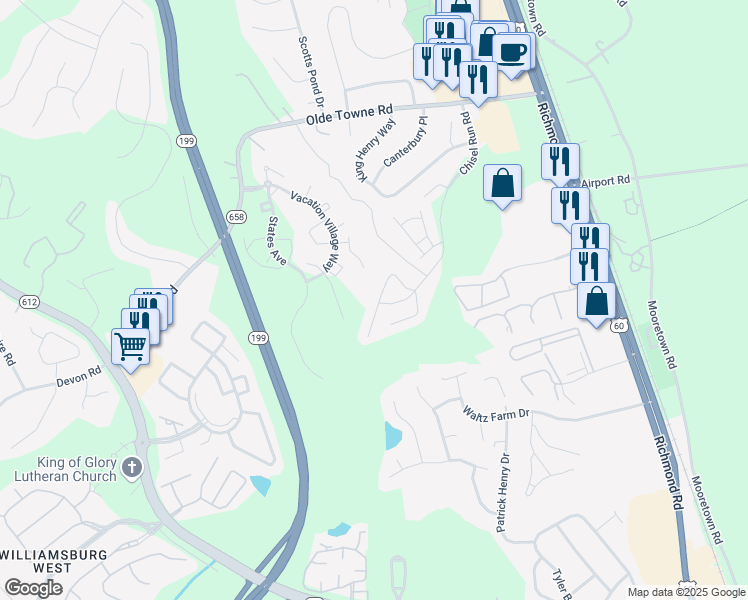 map of restaurants, bars, coffee shops, grocery stores, and more near 5356 Gardner Court in Williamsburg