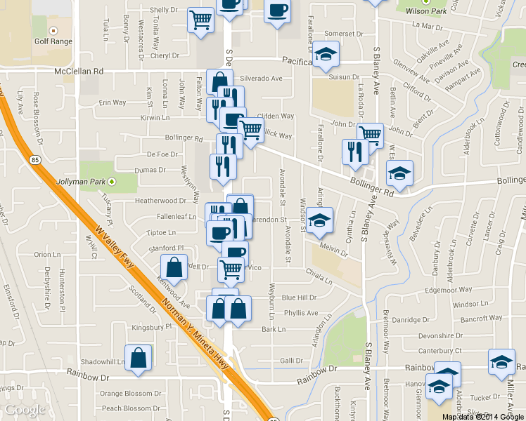 map of restaurants, bars, coffee shops, grocery stores, and more near 1027 Avondale Street in San Jose