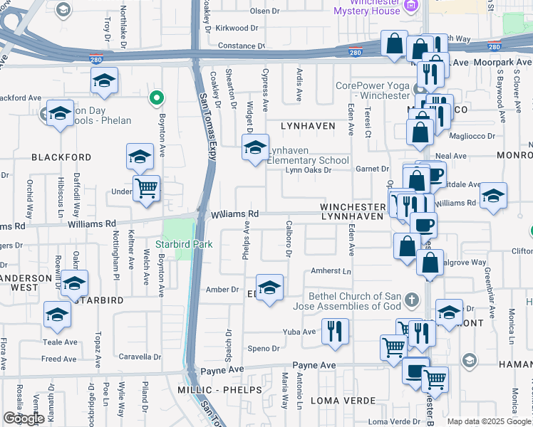 map of restaurants, bars, coffee shops, grocery stores, and more near Williams Rd & S Cypress Ave in San Jose