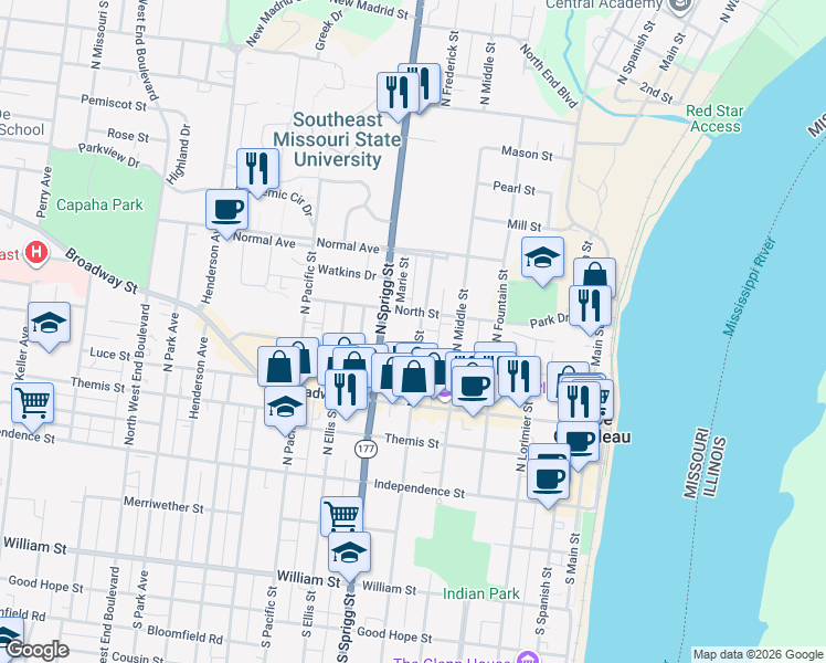 map of restaurants, bars, coffee shops, grocery stores, and more near 327 North Frederick Street in Cape Girardeau