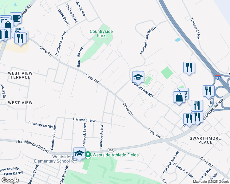 map of restaurants, bars, coffee shops, grocery stores, and more near 3703 Cove Road Northwest in Roanoke