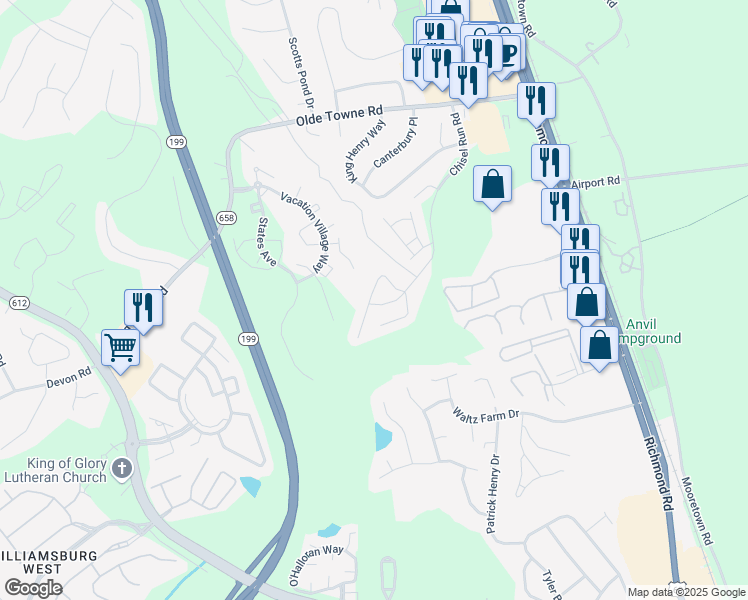 map of restaurants, bars, coffee shops, grocery stores, and more near 5318 Nicholas Court in Williamsburg