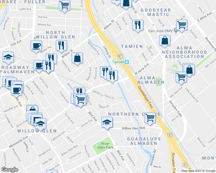 map of restaurants, bars, coffee shops, grocery stores, and more near 1427 Alma Loop in San Jose