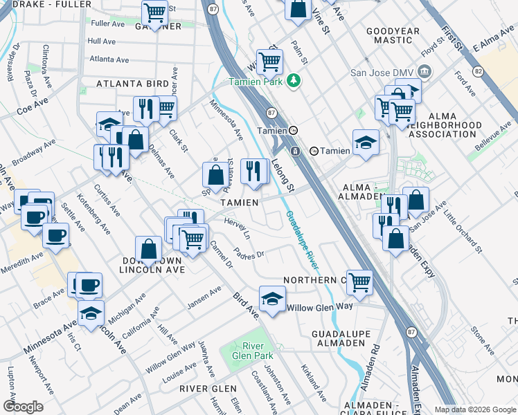 map of restaurants, bars, coffee shops, grocery stores, and more near 1427 Alma Loop in San Jose