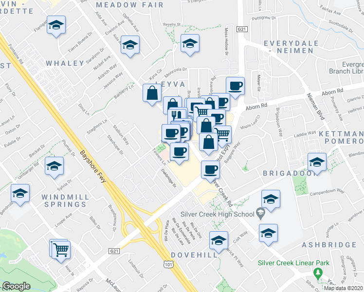 map of restaurants, bars, coffee shops, grocery stores, and more near 3005 Silver Creek Road in San Jose