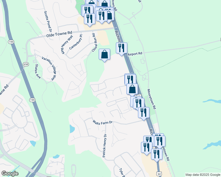 map of restaurants, bars, coffee shops, grocery stores, and more near 64 Desmonde Lane in Williamsburg