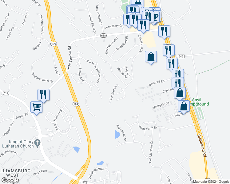 map of restaurants, bars, coffee shops, grocery stores, and more near 5316 Nicholas Court in Williamsburg