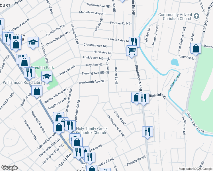 map of restaurants, bars, coffee shops, grocery stores, and more near 3620 Oliver Road Northeast in Roanoke