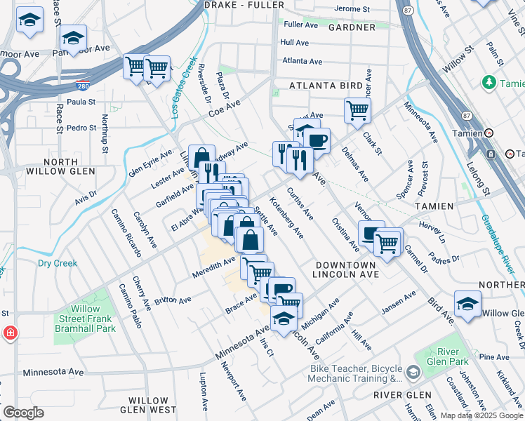 map of restaurants, bars, coffee shops, grocery stores, and more near 1128 Settle Avenue in San Jose
