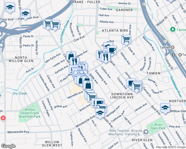 map of restaurants, bars, coffee shops, grocery stores, and more near 1128 Settle Avenue in San Jose