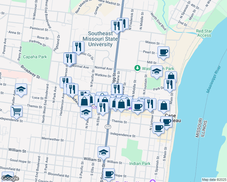 map of restaurants, bars, coffee shops, grocery stores, and more near 320 North Sprigg Street in Cape Girardeau