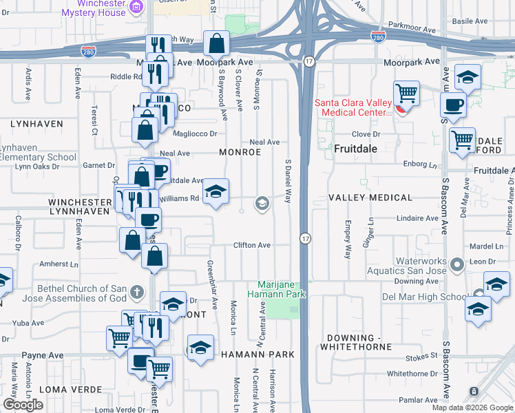 map of restaurants, bars, coffee shops, grocery stores, and more near 990 South Clover Avenue in San Jose