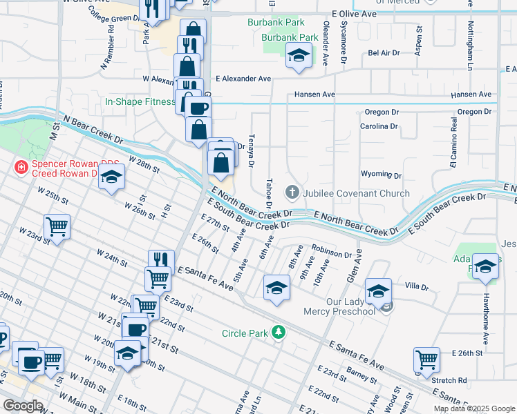 map of restaurants, bars, coffee shops, grocery stores, and more near 2813 Tenaya Drive in Merced