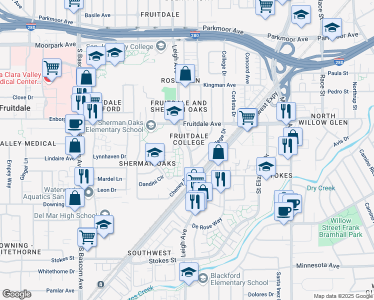 map of restaurants, bars, coffee shops, grocery stores, and more near 959 Willowleaf Drive in San Jose