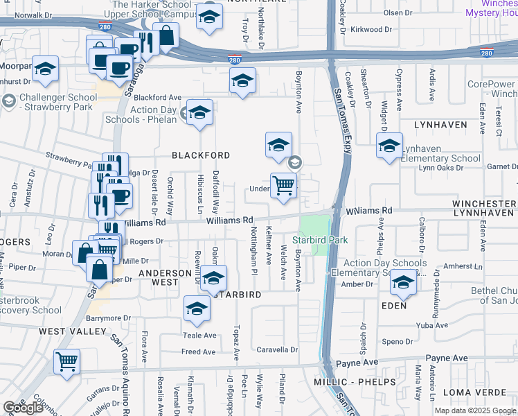 map of restaurants, bars, coffee shops, grocery stores, and more near 3776 Underwood Drive in San Jose
