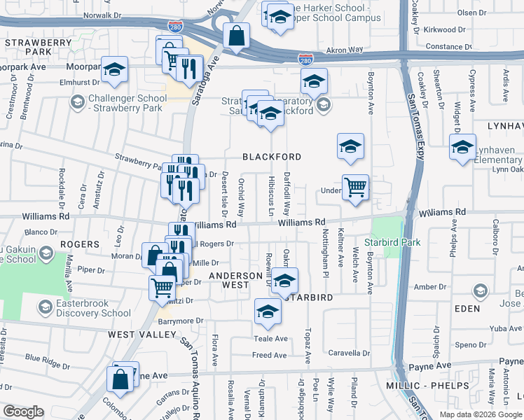 map of restaurants, bars, coffee shops, grocery stores, and more near 957 Hibiscus Lane in San Jose