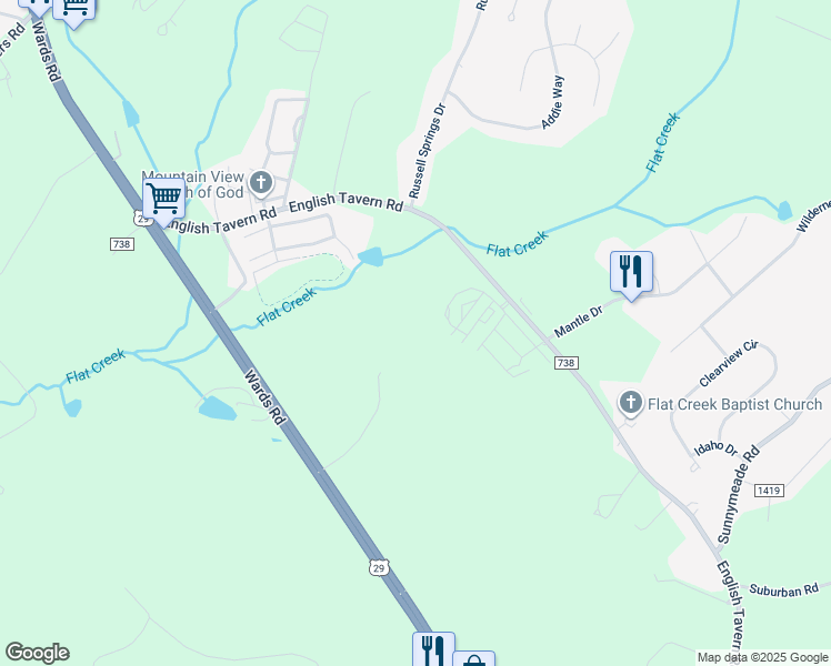 map of restaurants, bars, coffee shops, grocery stores, and more near 57 Warwick Drive in Lynchburg