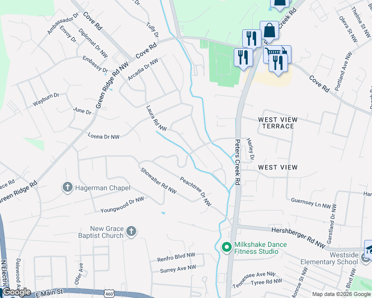 map of restaurants, bars, coffee shops, grocery stores, and more near 2024 Laura Road Northwest in Roanoke