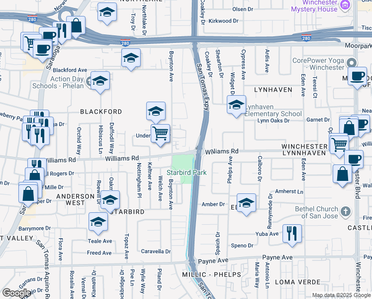 map of restaurants, bars, coffee shops, grocery stores, and more near 3675 Williams Road in San Jose