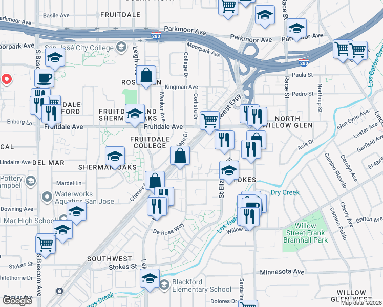 map of restaurants, bars, coffee shops, grocery stores, and more near 906 La Barbera Drive in San Jose