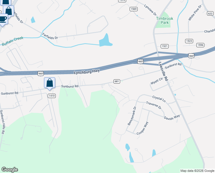map of restaurants, bars, coffee shops, grocery stores, and more near 1231 Sunburst Road in Evington