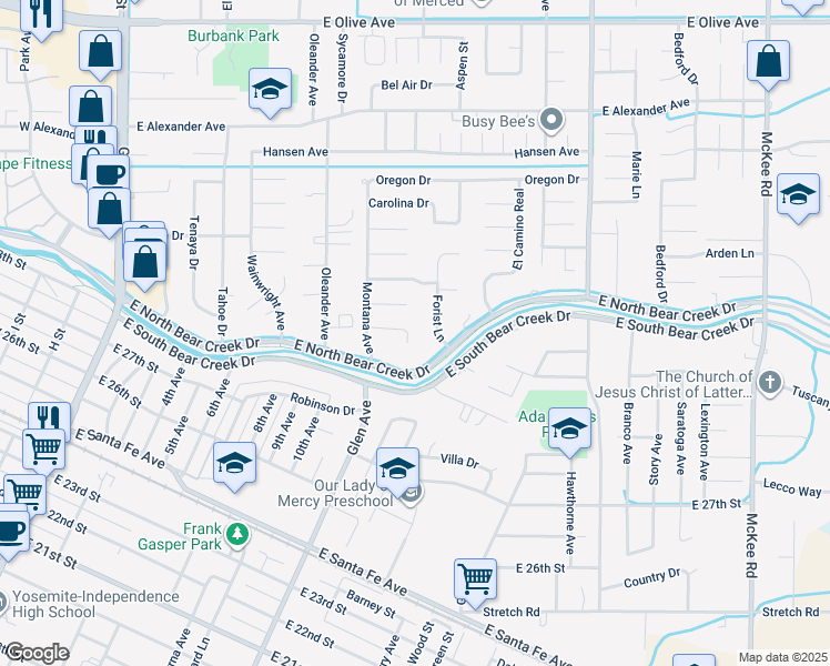 map of restaurants, bars, coffee shops, grocery stores, and more near 1085 Colorado Drive in Merced