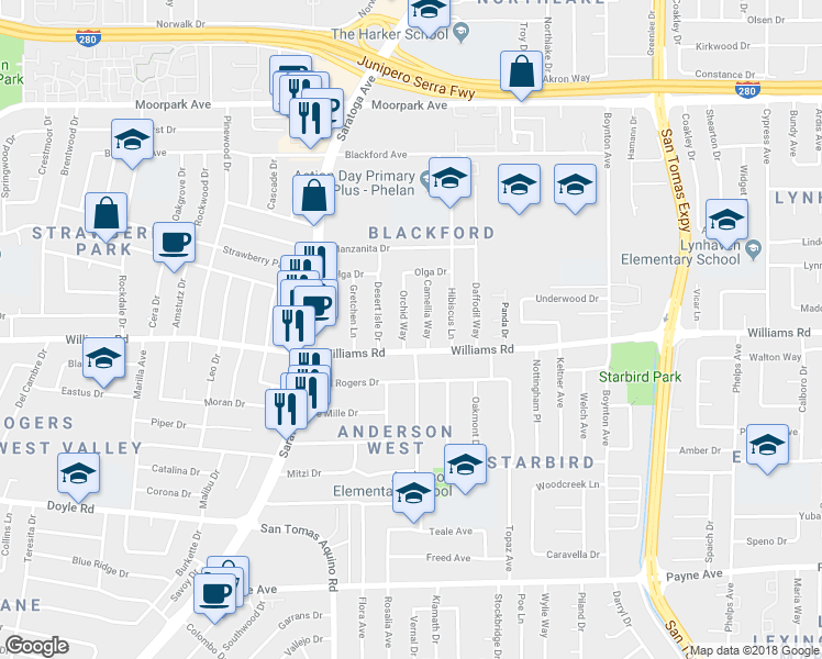 map of restaurants, bars, coffee shops, grocery stores, and more near 952 Orchid Way in San Jose