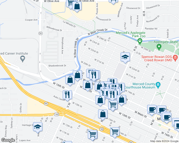 map of restaurants, bars, coffee shops, grocery stores, and more near 1454 West 20th Street in Merced